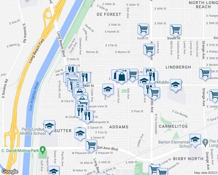 map of restaurants, bars, coffee shops, grocery stores, and more near 222 Market Street in Long Beach