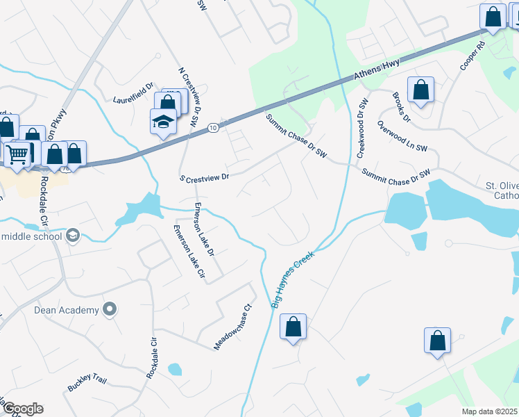 map of restaurants, bars, coffee shops, grocery stores, and more near 3005 Summit View Court in Snellville