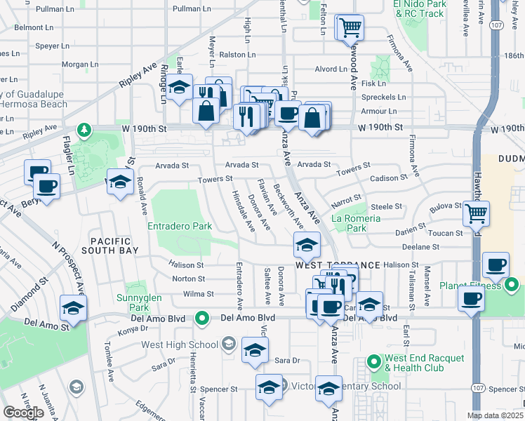 map of restaurants, bars, coffee shops, grocery stores, and more near 19410 Donora Avenue in Torrance