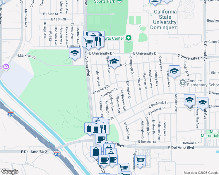 map of restaurants, bars, coffee shops, grocery stores, and more near 708 East Elsmere Drive in Carson