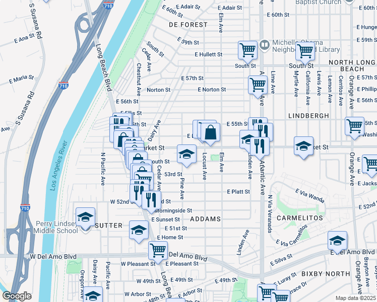 map of restaurants, bars, coffee shops, grocery stores, and more near 222 East Market Street in Long Beach