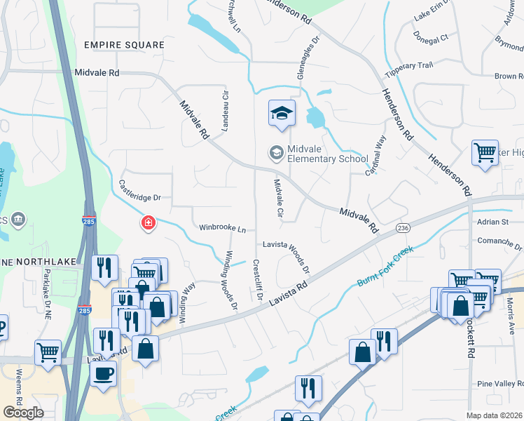 map of restaurants, bars, coffee shops, grocery stores, and more near 2330 Midvale Circle in Tucker