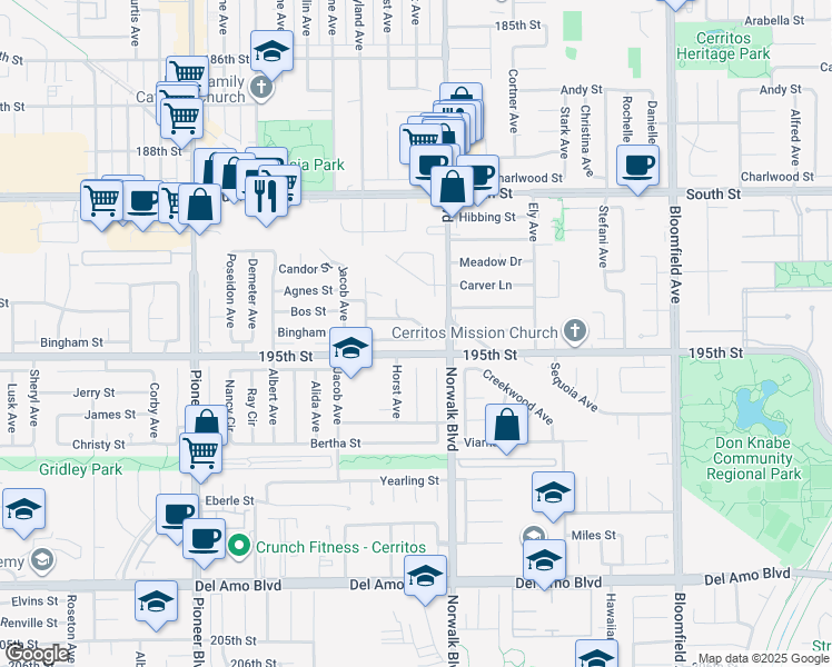 map of restaurants, bars, coffee shops, grocery stores, and more near 12123 Eastman Street in Cerritos