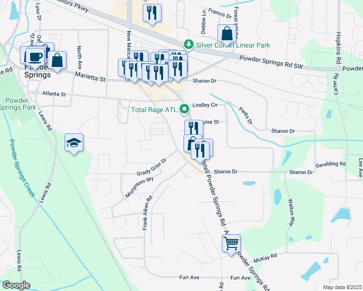 map of restaurants, bars, coffee shops, grocery stores, and more near 4097 Old Austell Road in Powder Springs