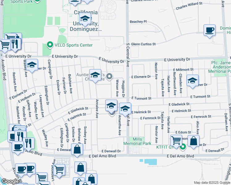 map of restaurants, bars, coffee shops, grocery stores, and more near 19427 Weiser Avenue in Carson