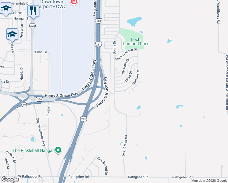 map of restaurants, bars, coffee shops, grocery stores, and more near 4908 Bonny Drive in Wichita Falls