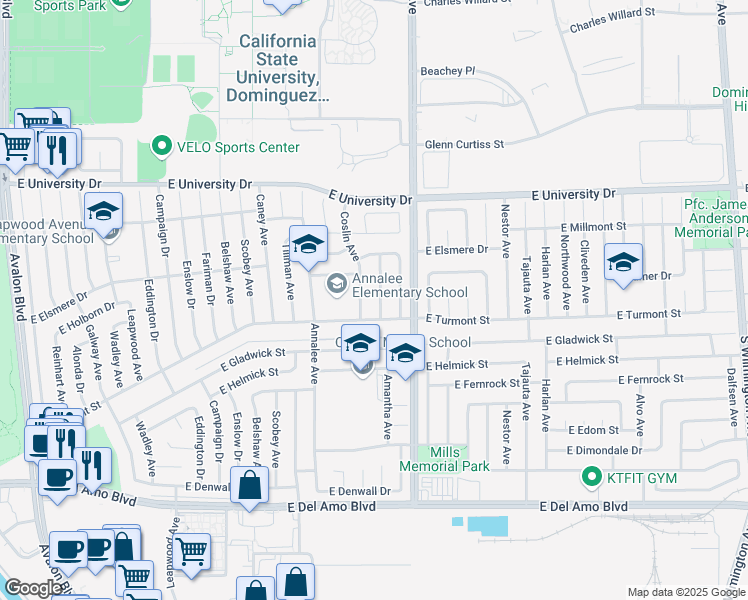 map of restaurants, bars, coffee shops, grocery stores, and more near 19427 Weiser Avenue in Carson