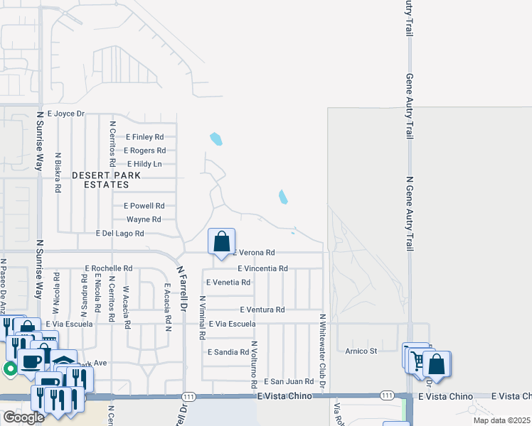 map of restaurants, bars, coffee shops, grocery stores, and more near 2521 North Whitewater Club Drive in Palm Springs