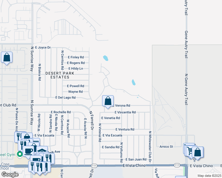 map of restaurants, bars, coffee shops, grocery stores, and more near 2567 North Whitewater Club Drive in Palm Springs