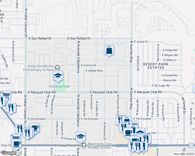 map of restaurants, bars, coffee shops, grocery stores, and more near 1361 East Gem Circle in Palm Springs