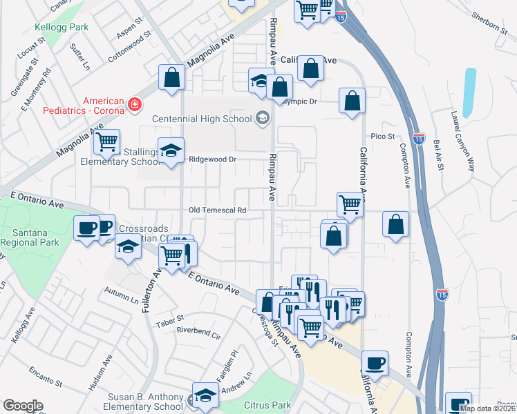 map of restaurants, bars, coffee shops, grocery stores, and more near 1061 Yardley Way in Corona
