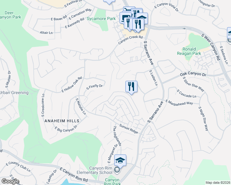 map of restaurants, bars, coffee shops, grocery stores, and more near 7859 East Quinn Drive in Anaheim
