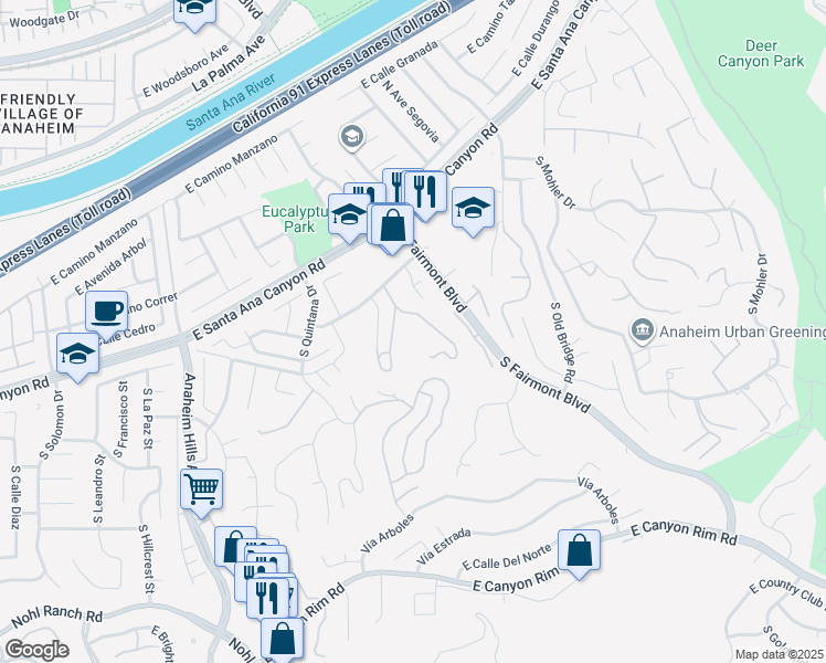 map of restaurants, bars, coffee shops, grocery stores, and more near 255 South Heath Terrace in Anaheim