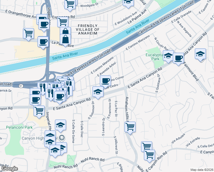 map of restaurants, bars, coffee shops, grocery stores, and more near 6000 East Calle Cedro in Anaheim