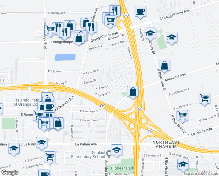 map of restaurants, bars, coffee shops, grocery stores, and more near 2537 East Terrace Street in Anaheim