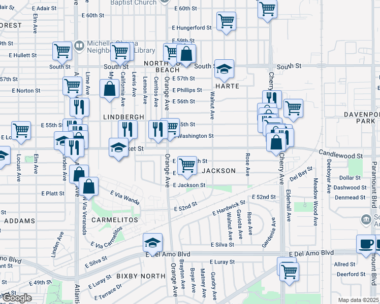 map of restaurants, bars, coffee shops, grocery stores, and more near 1312 East Plymouth Street in Long Beach