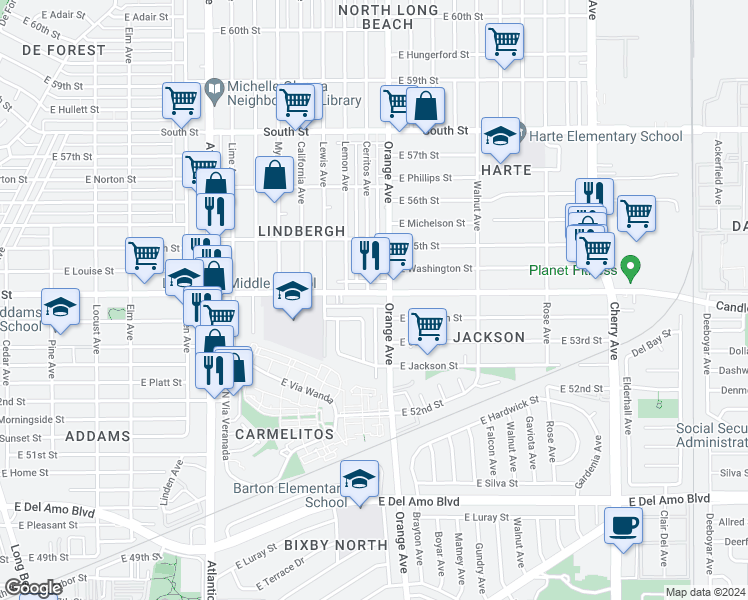 map of restaurants, bars, coffee shops, grocery stores, and more near 5359 Orange Avenue in Long Beach