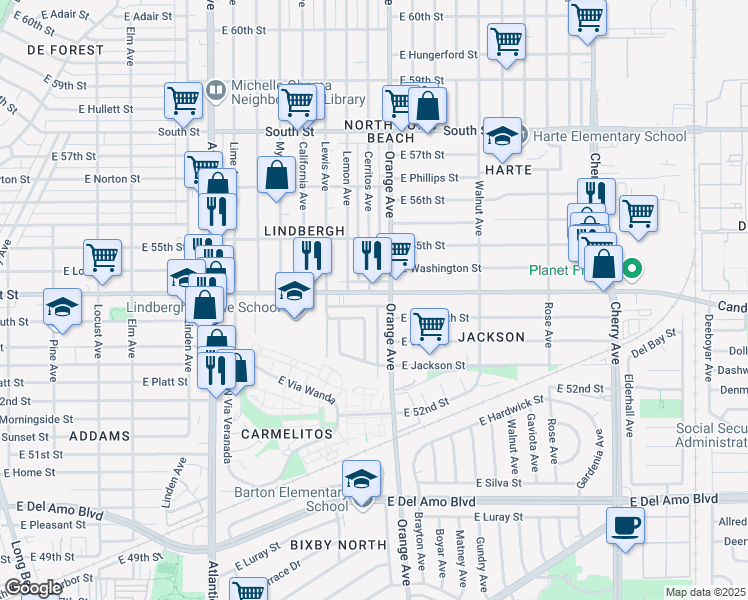 map of restaurants, bars, coffee shops, grocery stores, and more near 5359 Orange Avenue in Long Beach