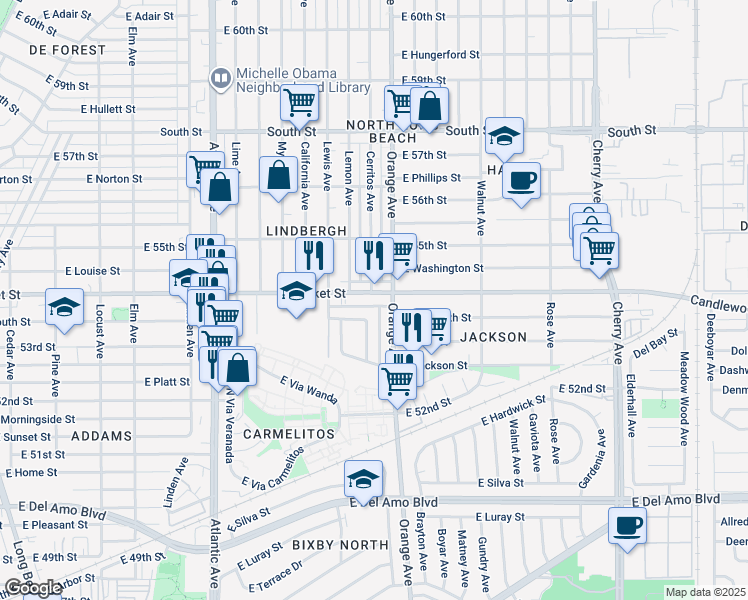 map of restaurants, bars, coffee shops, grocery stores, and more near 5359 Orange Avenue in Long Beach