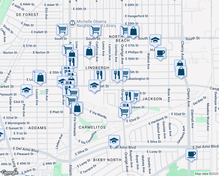 map of restaurants, bars, coffee shops, grocery stores, and more near 1135 East Plymouth Street in Long Beach