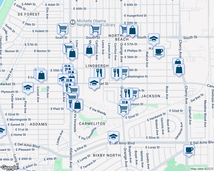 map of restaurants, bars, coffee shops, grocery stores, and more near 1135 East Plymouth Street in Long Beach