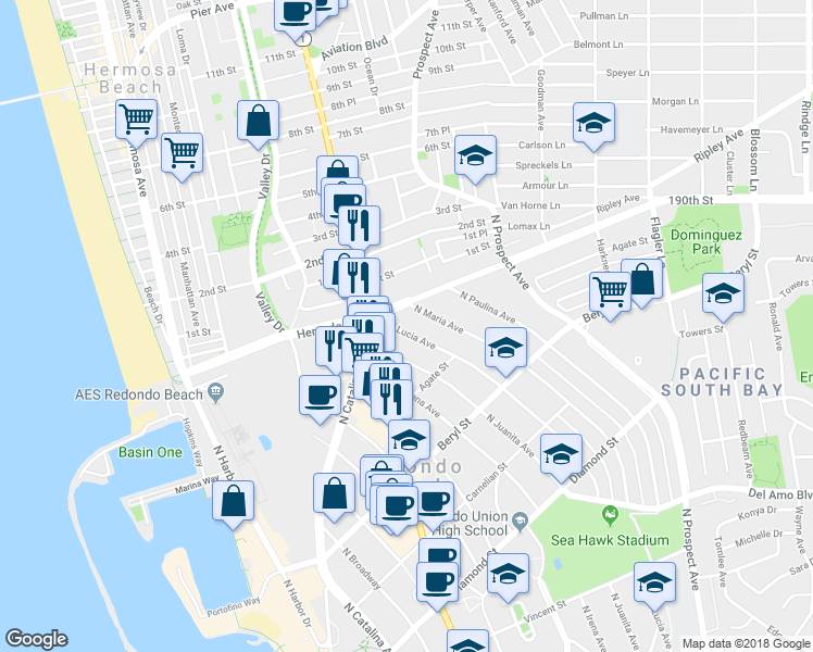 map of restaurants, bars, coffee shops, grocery stores, and more near 826 North Juanita Avenue in Redondo Beach