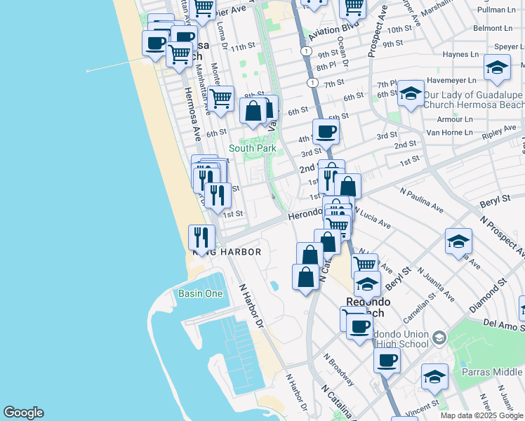 map of restaurants, bars, coffee shops, grocery stores, and more near 415 Herondo Street in Hermosa Beach