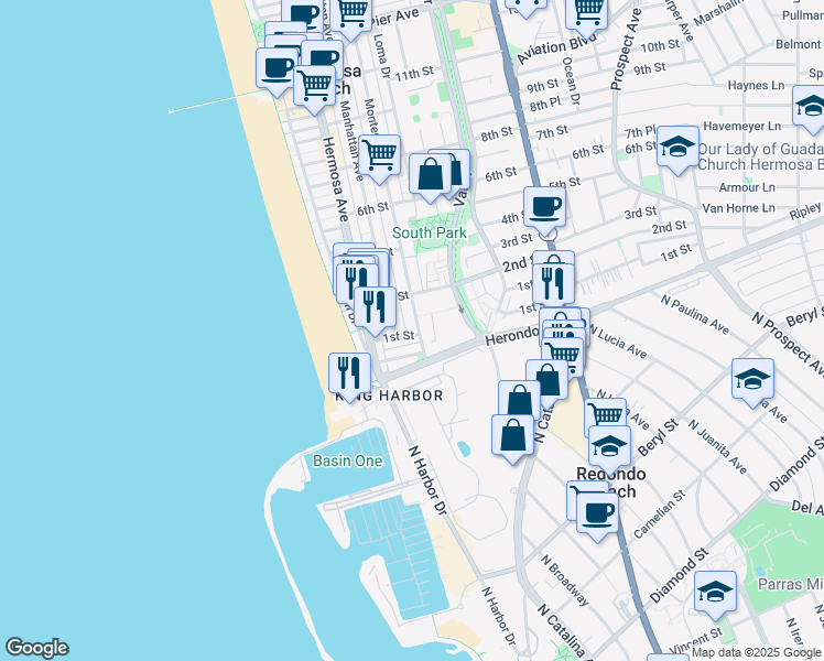 map of restaurants, bars, coffee shops, grocery stores, and more near 161 Lyndon Street in Hermosa Beach