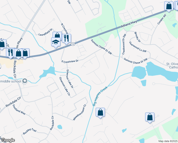 map of restaurants, bars, coffee shops, grocery stores, and more near 3005 Summit View Court in Snellville