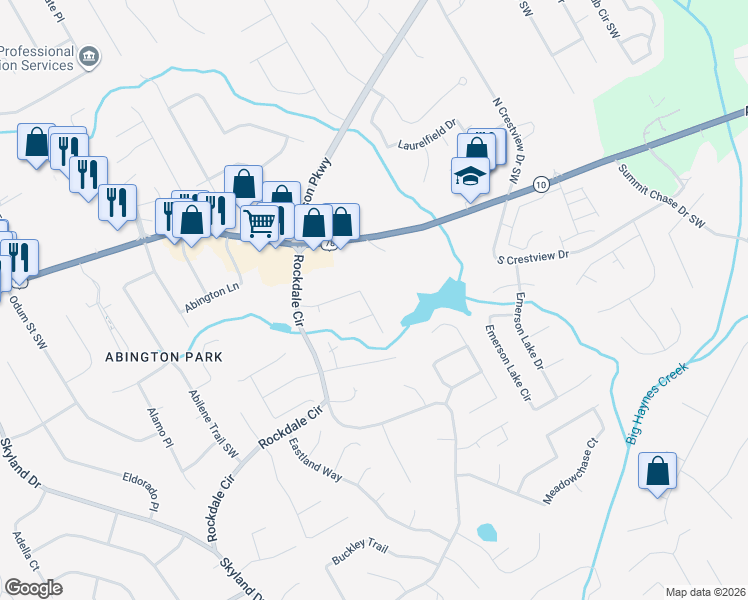 map of restaurants, bars, coffee shops, grocery stores, and more near 1850 Rockside Lane Southwest in Snellville