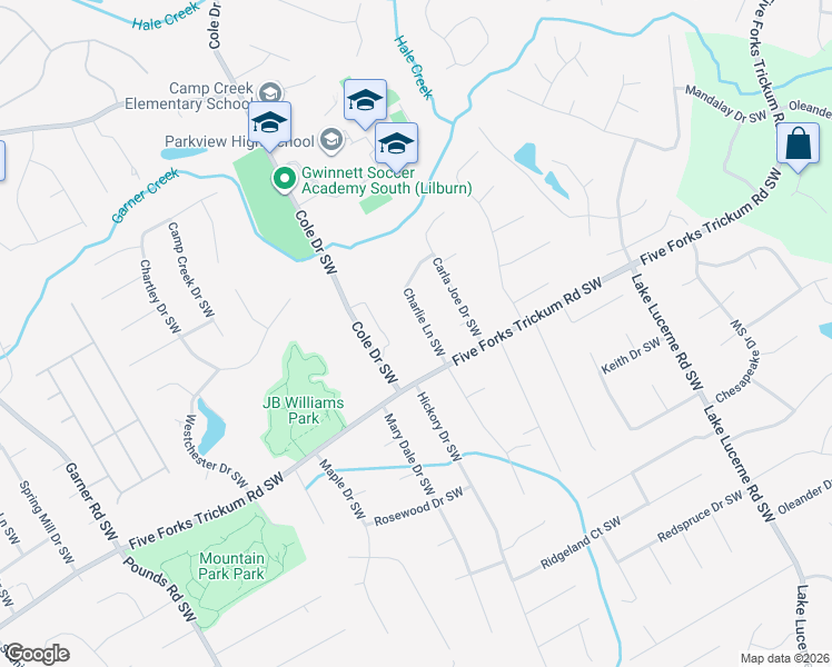 map of restaurants, bars, coffee shops, grocery stores, and more near 1150 Cole Drive Southwest in Lilburn