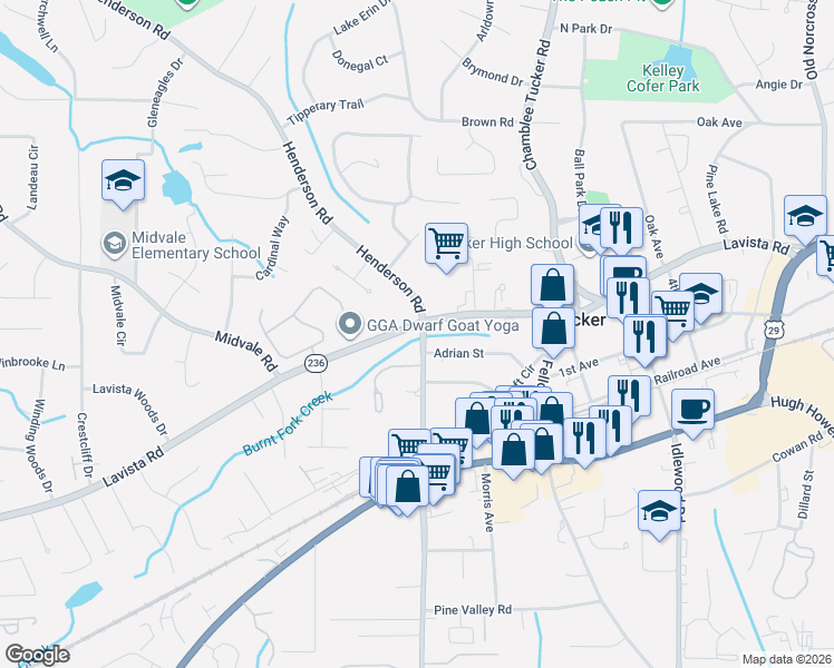 map of restaurants, bars, coffee shops, grocery stores, and more near 2348 Brockett Road in Tucker