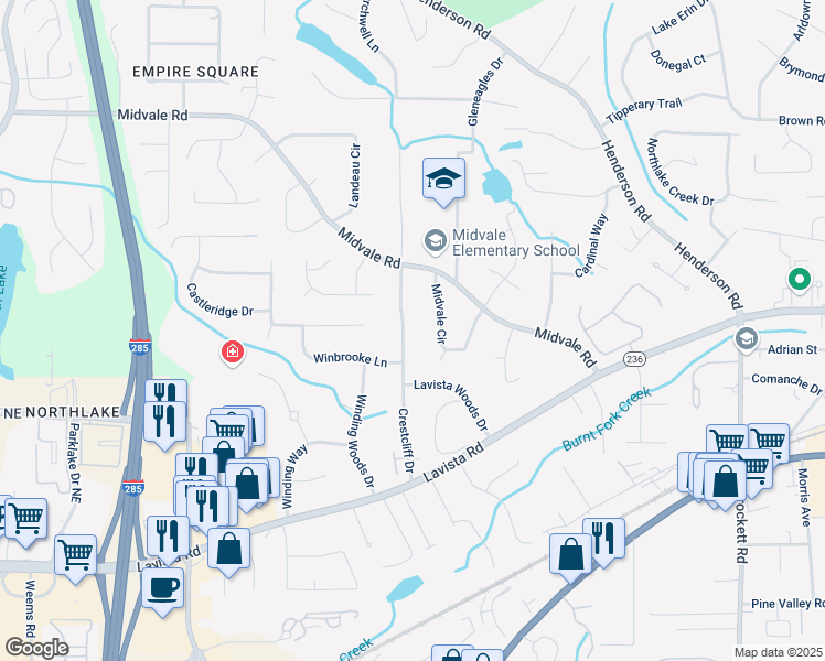 map of restaurants, bars, coffee shops, grocery stores, and more near 2330 Midvale Circle in Tucker