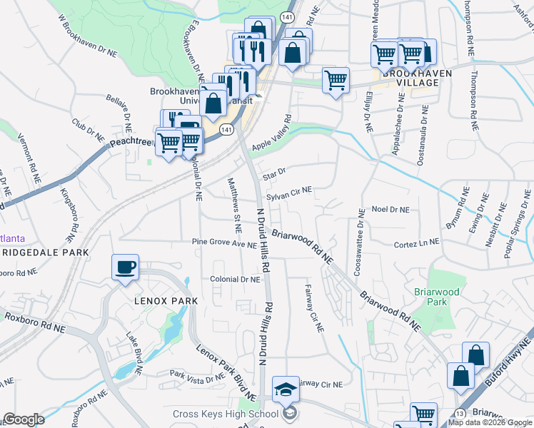 map of restaurants, bars, coffee shops, grocery stores, and more near in Brookhaven