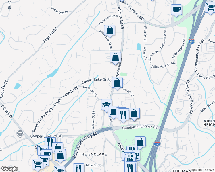 map of restaurants, bars, coffee shops, grocery stores, and more near 4082 Thorndale Lane in Smyrna