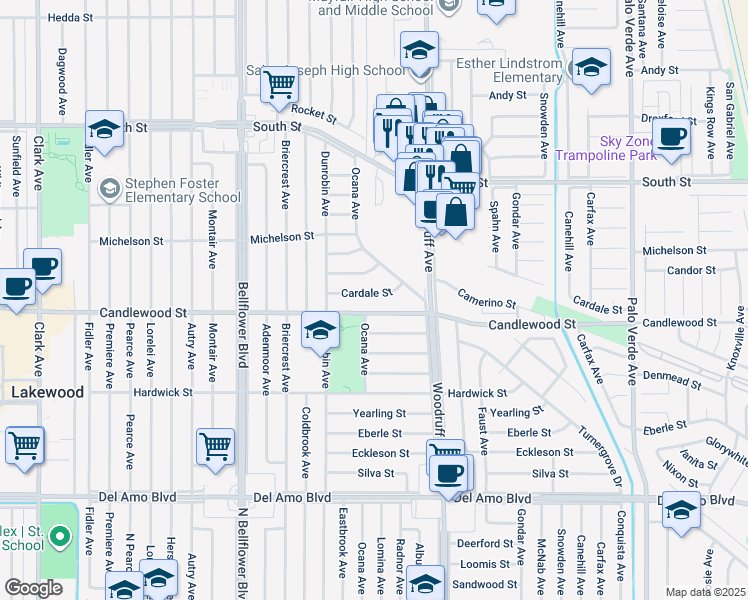 map of restaurants, bars, coffee shops, grocery stores, and more near 5808 Cardale Street in Lakewood