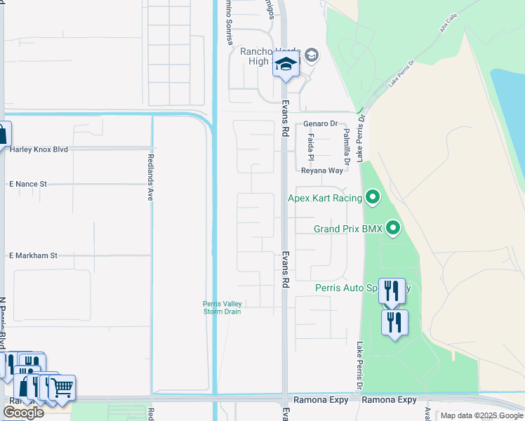 map of restaurants, bars, coffee shops, grocery stores, and more near 4553 Trevino Avenue in Perris