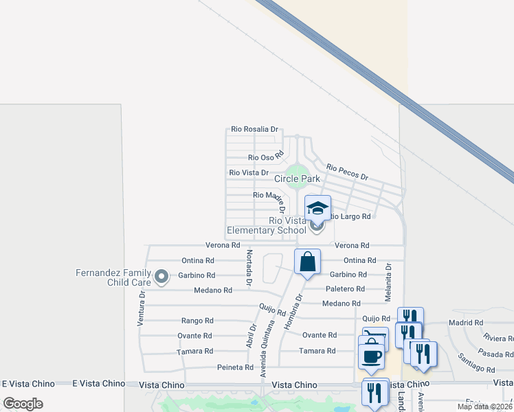 map of restaurants, bars, coffee shops, grocery stores, and more near 67442 Rio Largo Road in Cathedral City