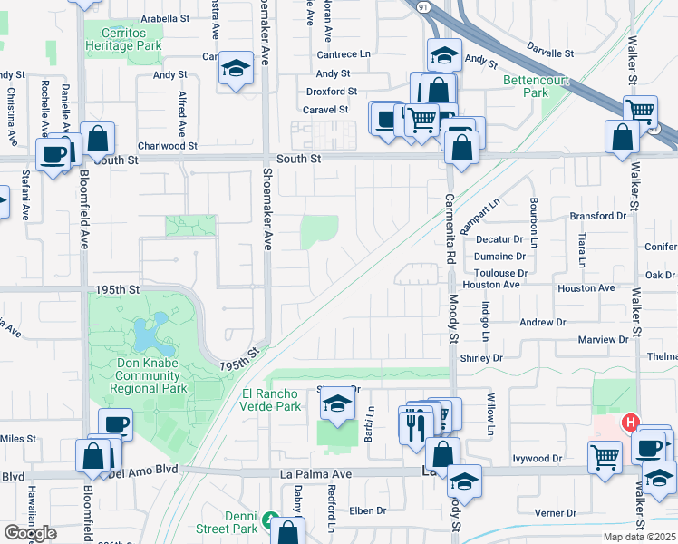 map of restaurants, bars, coffee shops, grocery stores, and more near 13140 Briarwood Street in Cerritos