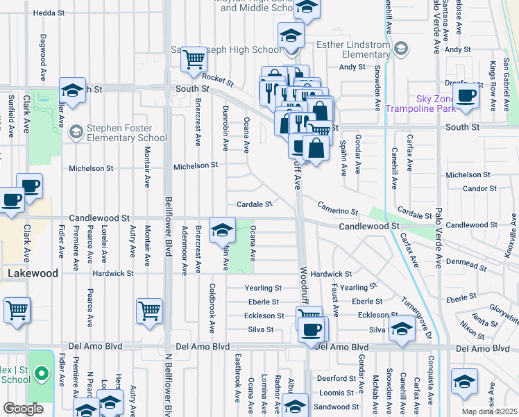 map of restaurants, bars, coffee shops, grocery stores, and more near 5808 Cardale Street in Lakewood