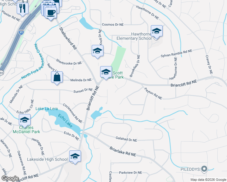 map of restaurants, bars, coffee shops, grocery stores, and more near 2358 Bradcliff Drive Northeast in Atlanta