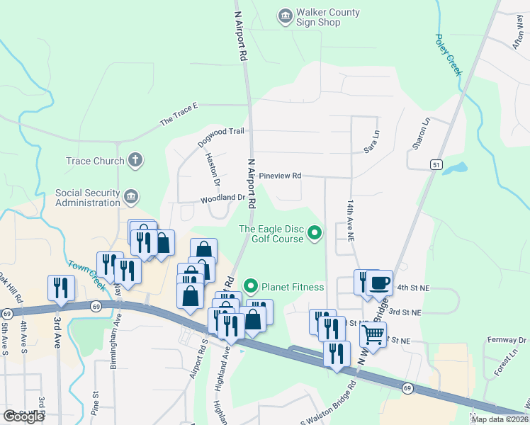 map of restaurants, bars, coffee shops, grocery stores, and more near 507 North Airport Road in Jasper