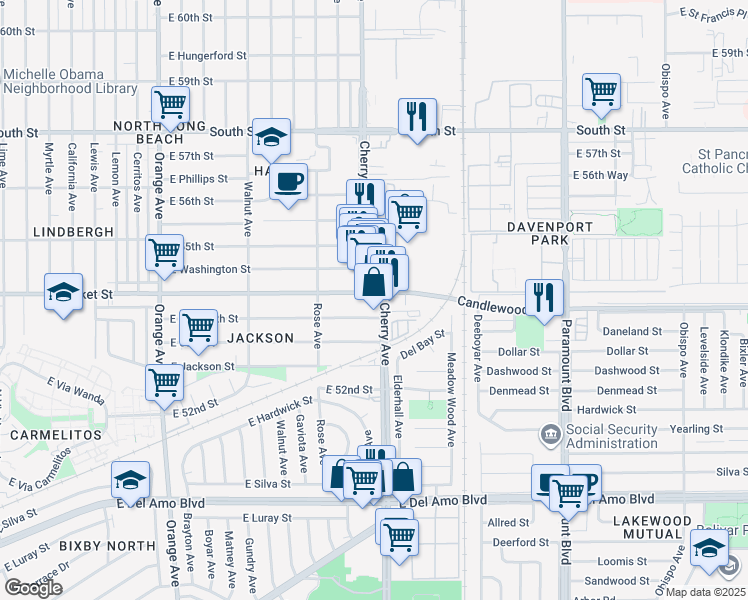 map of restaurants, bars, coffee shops, grocery stores, and more near 1951 East Plymouth Street in Long Beach