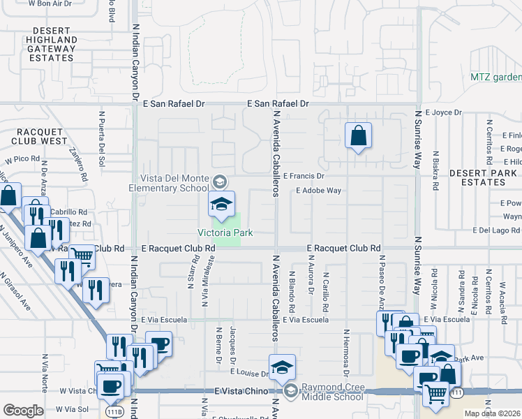 map of restaurants, bars, coffee shops, grocery stores, and more near 889 East Janet Circle in Palm Springs