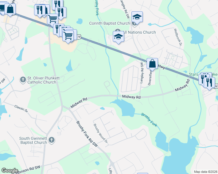 map of restaurants, bars, coffee shops, grocery stores, and more near 905 Midway Road in Loganville