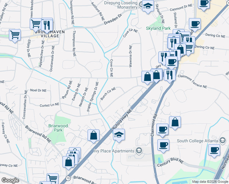 map of restaurants, bars, coffee shops, grocery stores, and more near 2091 East Drew Valley Road Northeast in Atlanta