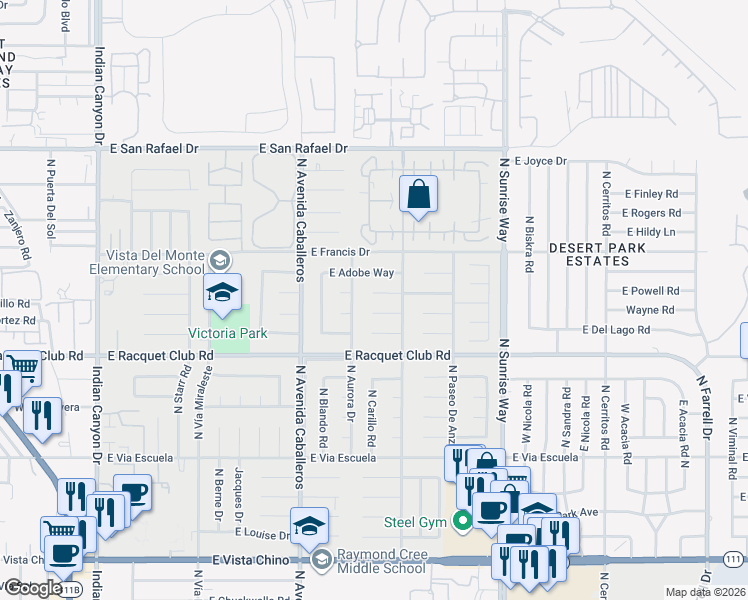map of restaurants, bars, coffee shops, grocery stores, and more near 1351 East Luna Way in Palm Springs