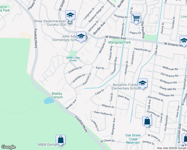 map of restaurants, bars, coffee shops, grocery stores, and more near 2598 Independence Way in Corona