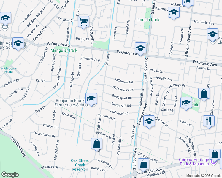 map of restaurants, bars, coffee shops, grocery stores, and more near 1257 Bridgeport Road in Corona