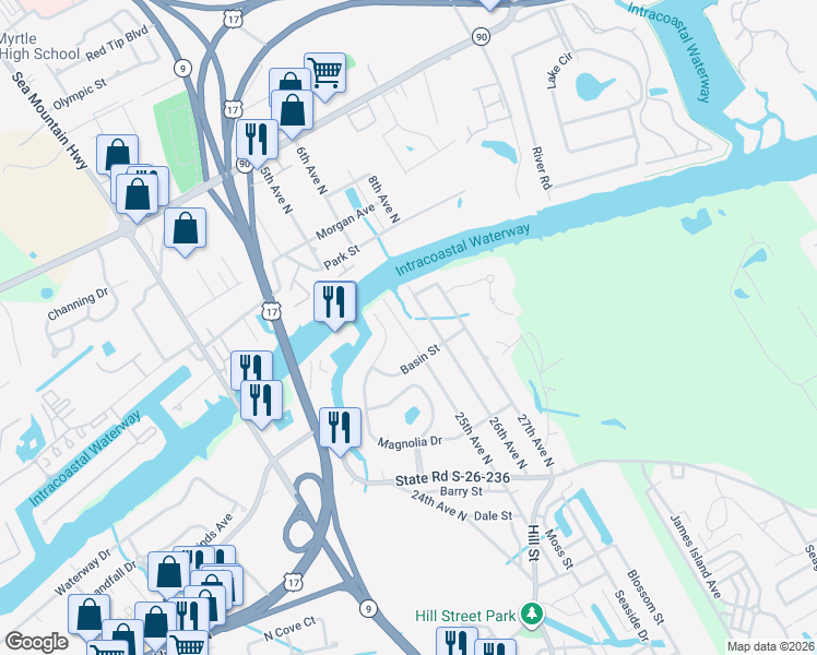 map of restaurants, bars, coffee shops, grocery stores, and more near 1703 25th Avenue North in North Myrtle Beach